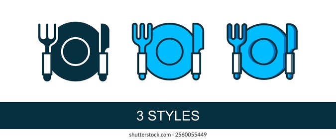 Filled outline Plate, fork and knife icon isolated on white background. Cutlery symbol. Restaurant sign.  Vector