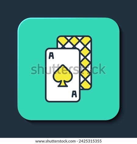 Filled outline Playing cards icon isolated on blue background. Casino gambling. Turquoise square button. Vector