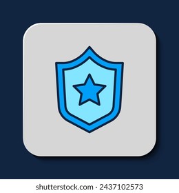 Filled outline Police badge icon isolated on blue background. Sheriff badge sign. Shield with star symbol.  Vector