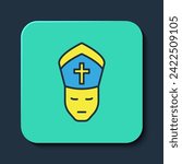 Filled outline Pope icon isolated on blue background. Pope hat. Holy father. Turquoise square button. Vector