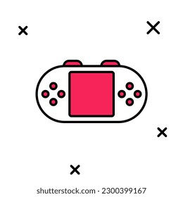 Filled outline Portable video game console icon isolated on white background. Handheld console gaming.  Vector