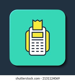 Filled outline POS terminal with inserted credit card and printed reciept icon isolated on blue background. NFC payment concept. Turquoise square button. Vector