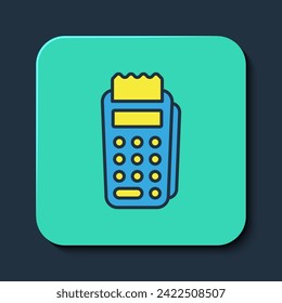Filled outline POS terminal with inserted credit card and printed reciept icon isolated on blue background. NFC payment concept. Turquoise square button. Vector