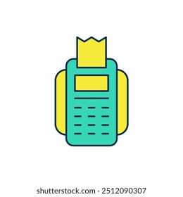 Filled outline POS terminal with inserted credit card and printed reciept icon isolated on white background. NFC payment concept.  Vector
