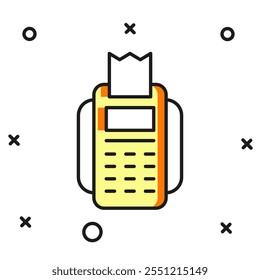 Terminal de PDV de estrutura de tópicos preenchido com cartão de crédito inserido e ícone de recibo impresso isolado no fundo branco. Conceito de pagamento NFC. Estilo de contorno preenchido plano com sombra. Vetor