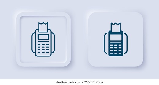 Filled and outline POS terminal with inserted credit card and printed reciept icon isolated on grey background. NFC payment concept. Square button. Vector