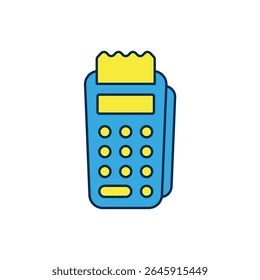 Filled outline POS terminal with inserted credit card and printed reciept icon isolated on white background. NFC payment concept.  Vector