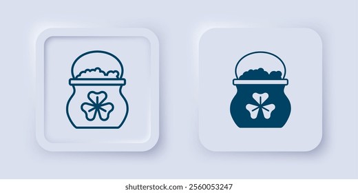 Filled and outline Pot of gold coins icon isolated on grey background. Happy Saint Patricks day. National Irish holiday. Square button. Vector