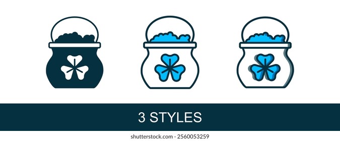 Filled outline Pot of gold coins icon isolated on white background. Happy Saint Patricks day. National Irish holiday.  Vector