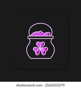 Filled outline Pot of gold coins icon isolated on black background. Happy Saint Patricks day. National Irish holiday. Flat filled outline style with shadow. Vector