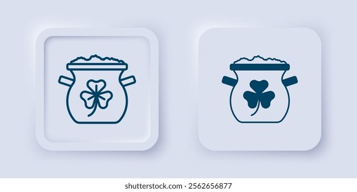 Filled and outline Pot of gold coins icon isolated on grey background. Happy Saint Patricks day. National Irish holiday. Square button. Vector