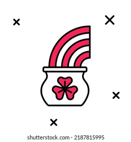 Filled outline Pot of gold with magic rainbow icon isolated on white background. Happy Saint Patricks day. National Irish holiday.  Vector