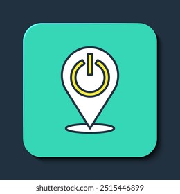 Filled outline Power button icon isolated on blue background. Start sign. Turquoise square button. Vector