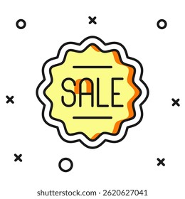 Filled outline Price tag with an inscription Sale icon isolated on white background. Badge for price. Promo tag discount. Flat filled outline style with shadow. Vector