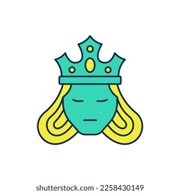 Filled outline Princess or queen wearing her crown icon isolated on white background. Medieval lady.  Vector