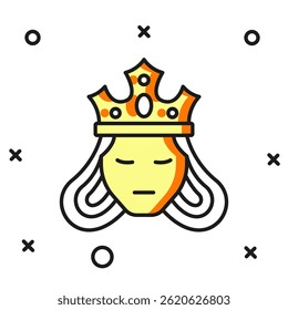 Filled outline Princess or queen wearing her crown icon isolated on white background. Medieval lady. Flat filled outline style with shadow. Vector