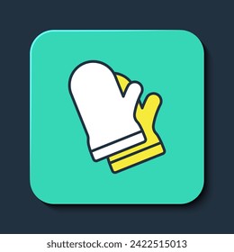 Filled outline Protective gloves icon isolated on blue background. Protective clothing and tool worker. Turquoise square button. Vector