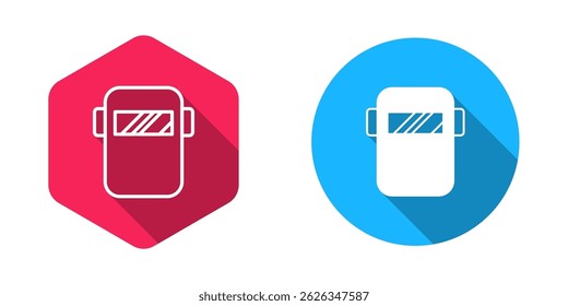 Filled and outline Protective welding mask helmet icon isolated with long shadow background. Protective clothing and tool worker.  Vector