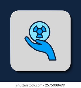 Filled outline Radioactive in hand icon isolated on blue background. Radioactive toxic symbol. Radiation Hazard sign.  Vector