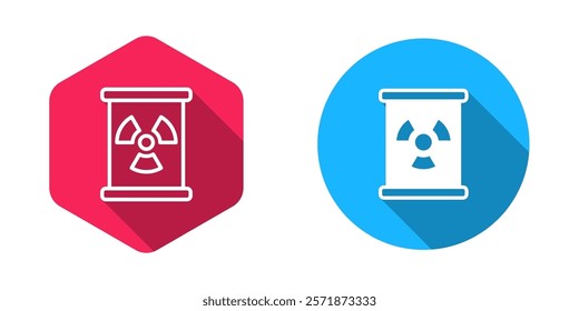 Filled and outline Radioactive waste in barrel icon isolated with long shadow background. Toxic refuse keg. Radioactive garbage emissions, environmental pollution.  Vector