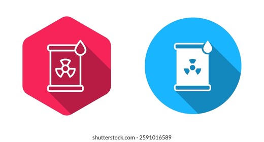 Filled and outline Radioactive waste in barrel icon isolated with long shadow background. Toxic refuse keg. Radioactive garbage emissions, environmental pollution.  Vector