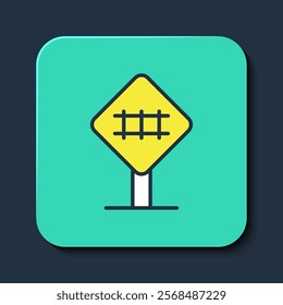 Filled outline Railroad crossing icon isolated on blue background. Railway sign. Turquoise square button. Vector