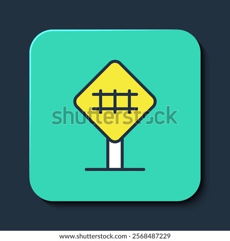 Filled outline Railroad crossing icon isolated on blue background. Railway sign. Turquoise square button. Vector