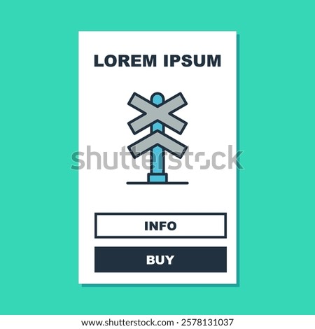 Filled outline Railroad crossing icon isolated on turquoise background. Railway sign.  Vector