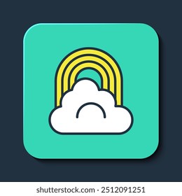 Gefüllter Umriss Regenbogen mit Wolkensymbol einzeln auf blauem Hintergrund. Türkis-quadratischer Knopf. Vektorgrafik