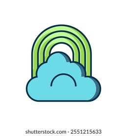 Esquema lleno del arco iris con el icono de la nube aislado en el fondo blanco. Estilo de contorno relleno plano con sombra. Vector