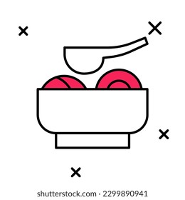 Filled outline Ramen soup bowl with noodles icon isolated on white background. Bowl of traditional asian noodle soup.  Vector