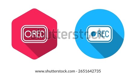 Filled and outline Record button icon isolated with long shadow background. Rec button.  Vector