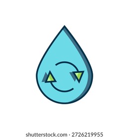 Reciclar icono de agua limpia aislado en el fondo blanco. Gota de agua con letrero de reciclaje. Estilo de contorno relleno plano con sombra. Vector