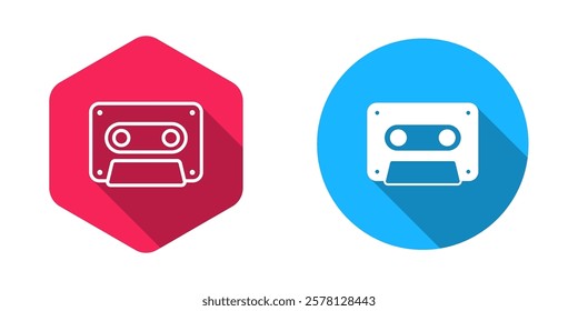 Filled and outline Retro audio cassette tape icon isolated with long shadow background.  Vector