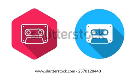 Filled and outline Retro audio cassette tape icon isolated with long shadow background.  Vector