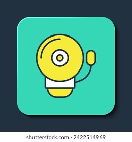 Filled outline Ringing alarm bell icon isolated on blue background. Fire alarm system. Service bell, handbell sign, notification symbol. Turquoise square button. Vector