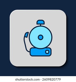 Filled outline Ringing alarm bell icon isolated on blue background. Alarm symbol, service bell, handbell sign, notification symbol.  Vector