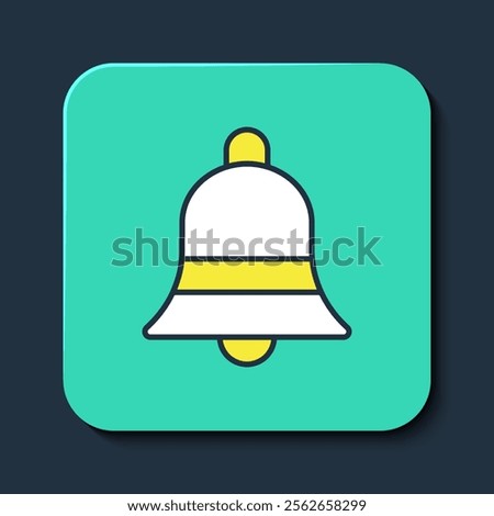 Filled outline Ringing bell icon isolated on blue background. Alarm symbol, service bell, handbell sign, notification symbol. Turquoise square button. Vector