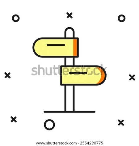 Filled outline Road traffic sign. Signpost icon isolated on white background. Pointer symbol. Isolated street information sign. Direction sign. Flat filled outline style with shadow. Vector