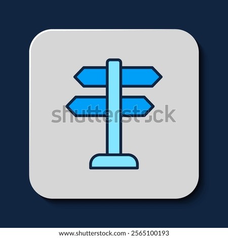 Filled outline Road traffic sign. Signpost icon isolated on blue background. Pointer symbol. Isolated street information sign. Direction sign.  Vector