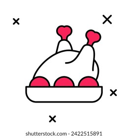 Filled outline Roasted turkey or chicken icon isolated on white background. Merry Christmas and Happy New Year.  Vector