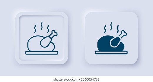 Filled and outline Roasted turkey or chicken icon isolated on grey background. Square button. Vector