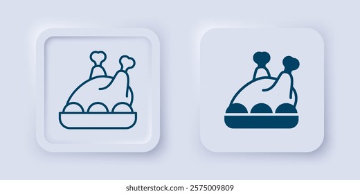 Filled and outline Roasted turkey or chicken icon isolated on grey background. Merry Christmas and Happy New Year. Square button. Vector