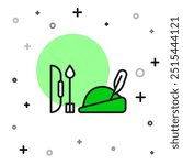 Filled outline Robin hood hat with feather, bow and arrow icon isolated on white background.  Vector