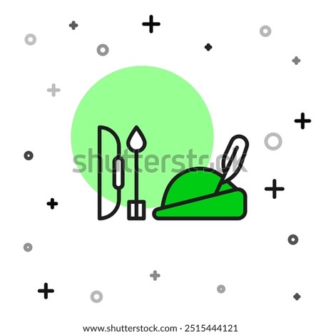 Filled outline Robin hood hat with feather, bow and arrow icon isolated on white background.  Vector
