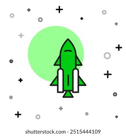 Filled outline Rocket ship with fire icon isolated on white background. Space travel.  Vector