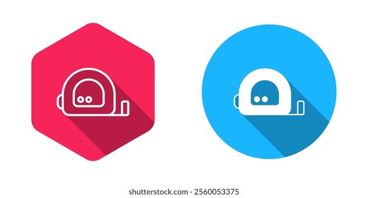 Filled and outline Roulette construction icon isolated with long shadow background. Tape measure symbol.  Vector