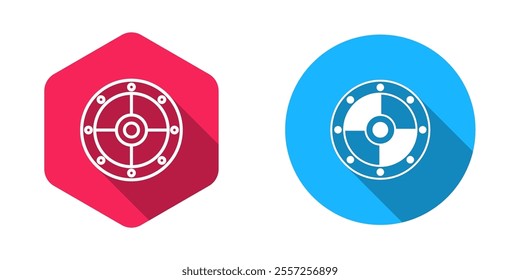 Filled and outline Round shield icon isolated with long shadow background. Security, safety, protection, privacy, guard concept.  Vector
