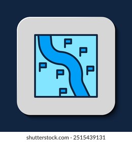 Filled outline Route location icon isolated on blue background. Train line path of train road route with start point GPS and dash line.  Vector