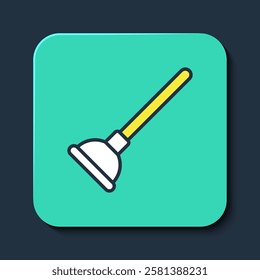 Filled outline Rubber plunger with wooden handle for pipe cleaning icon isolated on blue background. Toilet plunger. Turquoise square button. Vector